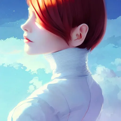 Image similar to beautiful pale vampire with auburn hair in a white turtleneck dress, on a super yacht, by guweiz and wlop and ilya kuvshinov and and moebius and bilal and artgerm, symmetrical eyes, aesthetic, gorgeous, stunning, alluring, attractive, artstation, deviantart, pinterest, digital art