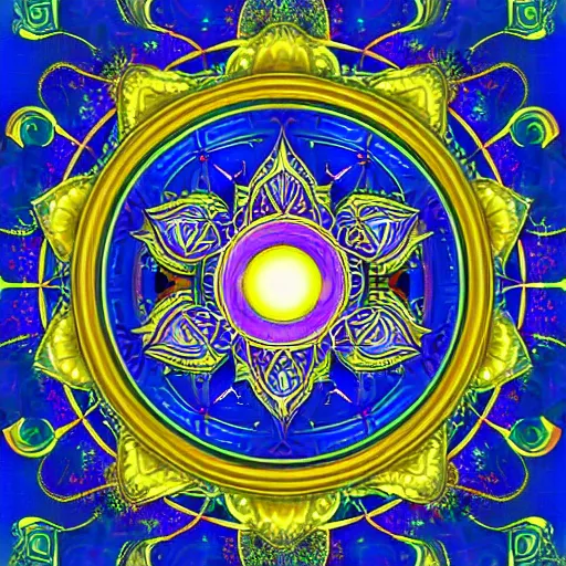 Image similar to rainbowcore, golden Gemini sign glowing, surrounded by lotus, with the sun shining with the moon, with detailed mandala filled with fractals, bioluminescence, glowing runes, de-noise, symmetrical composition, high detailed, super clear, ornate border, 32k