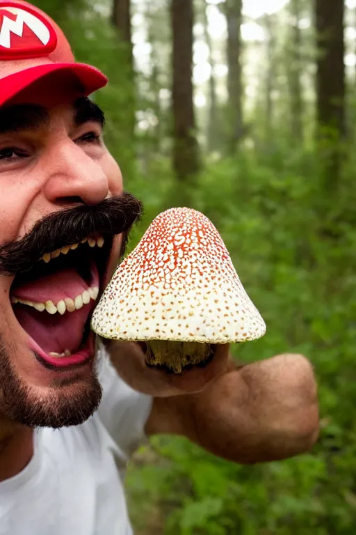 Image similar to photo of real life mario finding a giant amanita muscaria, exhilarated, portrait, closeup. mouth open, 3 0 mm, bokeh