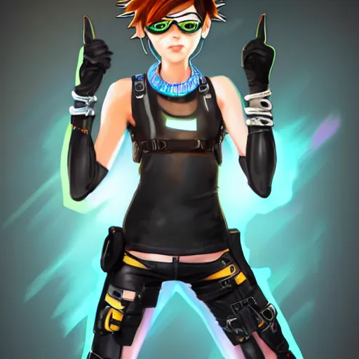 Image similar to full body digital artwork of tracer overwatch, wearing black iridescent rainbow latex tank top, 4 k, expressive happy smug expression, makeup, in style of mark arian, wearing detailed black leather collar, chains, black leather harness, leather cuffs around wrists, detailed face and eyes,