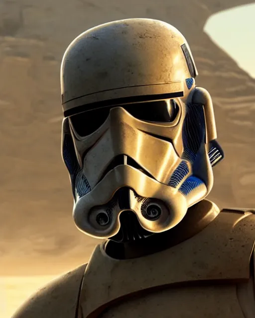 Prompt: star wars film still, closeup portrait of a dirty sandtrooper in a desert spaceport, dust, scum and villainy, rim light, embers, hyper detailed, smooth, high contrast, concept art, gta v, volumetric lighting, ralph mcquarrie, doug chiang, ryan church