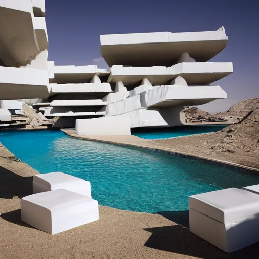 Image similar to habitat 6 7, white lego architect hotel in the dessert, many plants and infinite pool