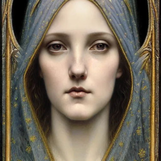 Prompt: detailed realistic beautiful young medieval queen face portrait by jean delville, tom bagshaw, brooke shaden, gustave dore and marco mazzoni, art nouveau, memento mori, symbolist, visionary, gothic, pre - raphaelite, ornate gilded medieval icon, surreality, ethereal, unearthly, haunting, celestial, neo - gothic, ghostly
