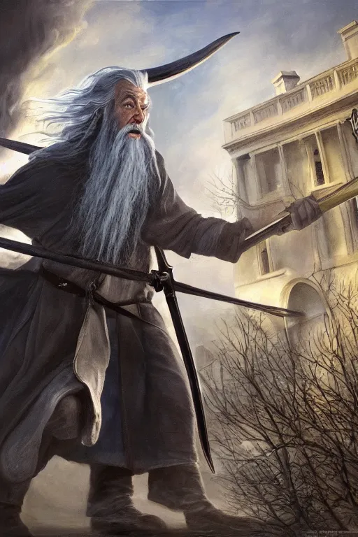 Image similar to gandalf attacks the white house, oil on canvas, intricate, 8 k highly professionally detailed, hdr, cgsociety