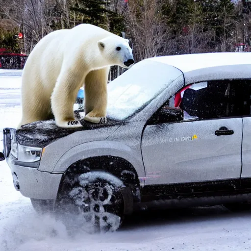 Image similar to graffiti of a polar bear driving an suv on ice