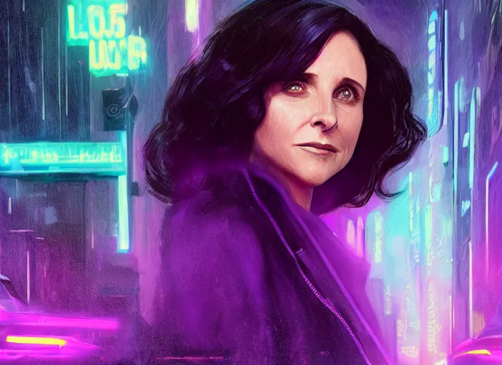 Image similar to beautiful Julia Louis-Dreyfus, blade runner 2049, long flowing hair, trending on artstation, unreal engine, purple neon, green rain, matte painting