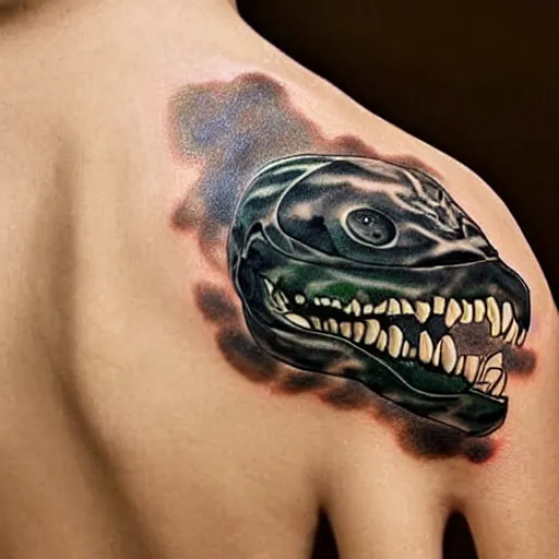 Prompt: dark tattoo, snake wrapping its body around skull, toxic acid green dark colors