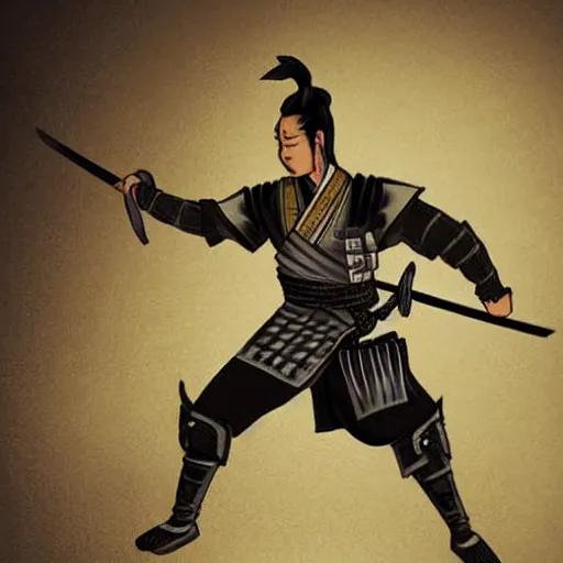 Prompt: samurai action pose with katana in the style of deschambault, martin