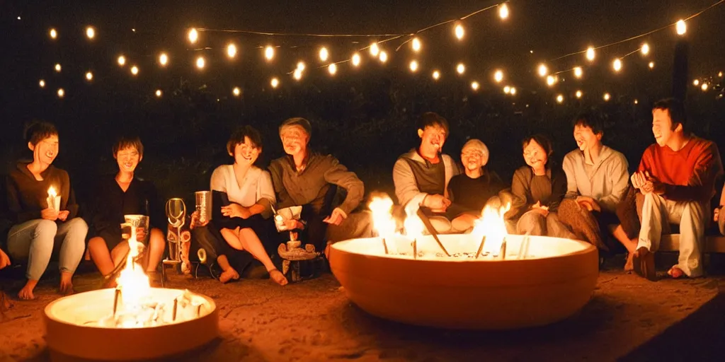 Prompt: people at a cozy party at midnight, bay area, candles, fire pit, hot tub, by studio ghibli
