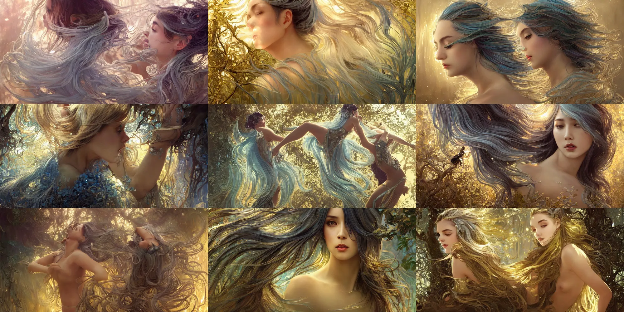Prompt: wide angle, sinous opulescent panther, metallic silver and ice color reflected crystal hair, leaping from babaob tree, fantasy, intricate, very beautiful, elegant, golden light, highly detailed, digital painting, artstation, concept art, smooth, sharp focus, illustration, art by wlop and tian zi and alphonse mucha