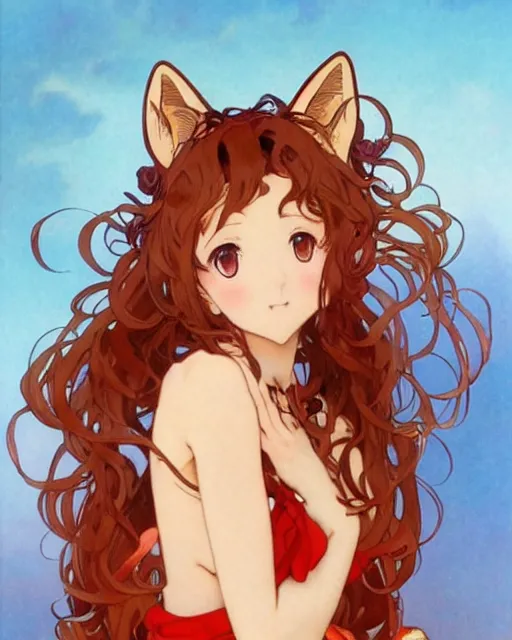 Prompt: A cute frontal fullbody painting of a beautiful anime skinny foxgirl with curly brown colored hair and fox ears on top of her head wearing a cute red dress with rose symbolic sitting on the stone looking at the viewer, elegant, delicate, soft lines, higly detailed, smooth , pixiv art, ArtStation, artgem, art by Gil Elvgren alphonse mucha and charles reid, high quality, digital illustration, concept art