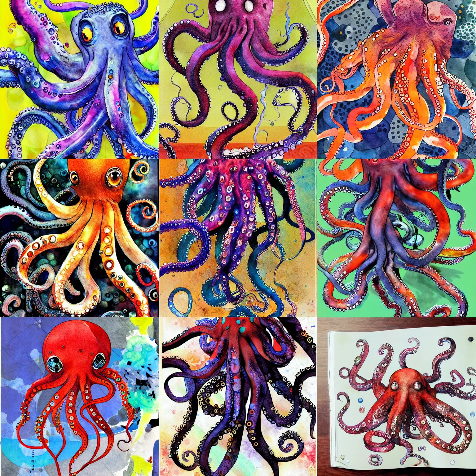 Prompt: octopi artwork by yoshitaka amano, watercolors background, collage, mixed media, magazine cover