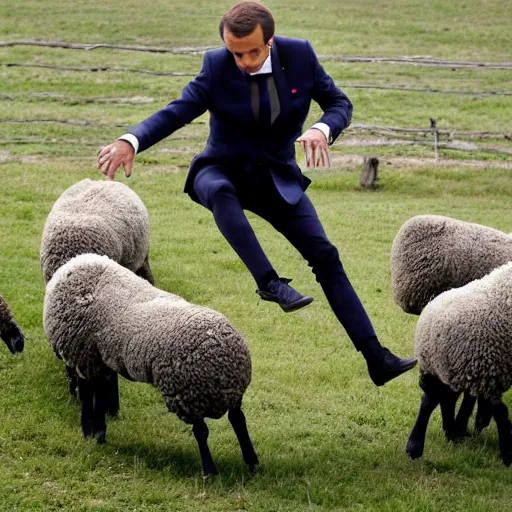 Prompt: Macron jumping over a sheep