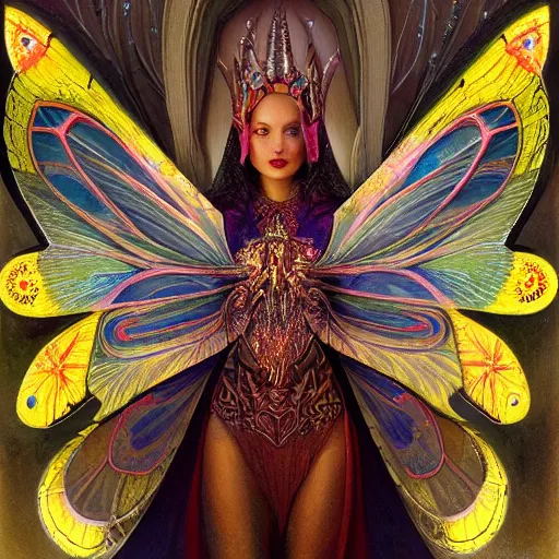 Image similar to beautiful closeup portrait of an art deco fairy queen, glowing eyes. reflective detailed textures, moth wings, highly detailed dark fantasy science fiction painting by donato giancola and nicholas roerich, elaborate geometric ornament, ancient runes, silver and cool colors. artstation