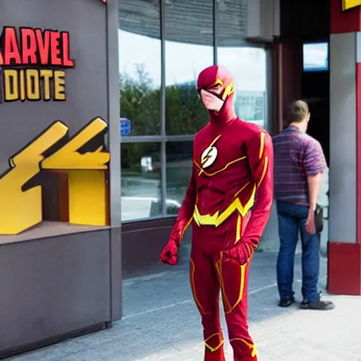 Prompt: Marvel comics character The Flash waiting in a long line at McDonalds