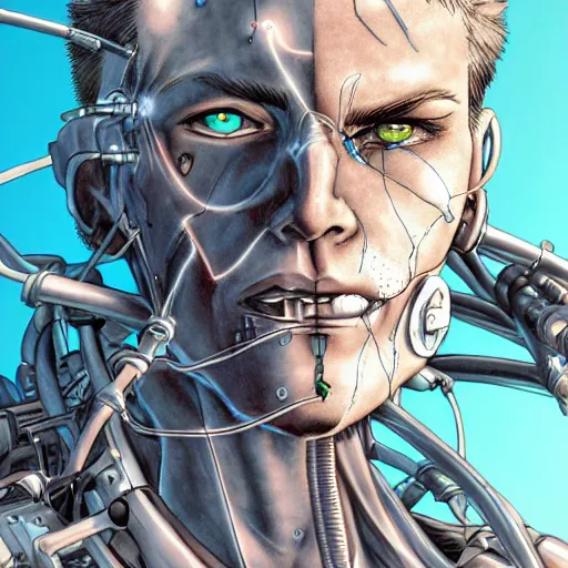 Prompt: Male cyborg, battle-damaged, scarred, handsome face, bored expression, blue eyes, sterile background, profile shot, sci-fi, bio-mechanical, wires, cables, gadgets, Digital art, detailed, anime, artist Katsuhiro Otomo