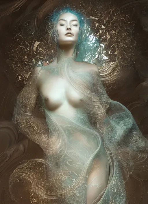 Image similar to opalescent marble sculpture of beautiful woman dissolving into shimmering dust, fractal paisley inlay, lace, intricate, elegant, highly detailed, digital photography, art by artgerm ruan jia and greg rutkowski