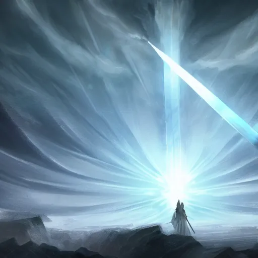 Image similar to a beacon of light descends from the clouds and refracts into ripples and shards of light energy in contact with the tip of a white fantasy sword wielded overhead by an archangel man on a medieval battlefield, artstation, deviantart, 8k, concept art, incredibly detailed art