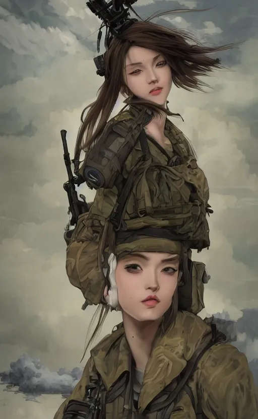 Prompt: soldier girl, in smoke and dirt, trading card front, anime style, soldier clothing, hair down, symmetrical facial features, symmetrical body features, hyper realistic, pale skin, 4k, rule of thirds, extreme detail, detailed drawing, trending artstation, hd, fantasy, D&D, realistic lighting, by Alphonse Mucha, Greg Rutkowski, sharp focus, backlit