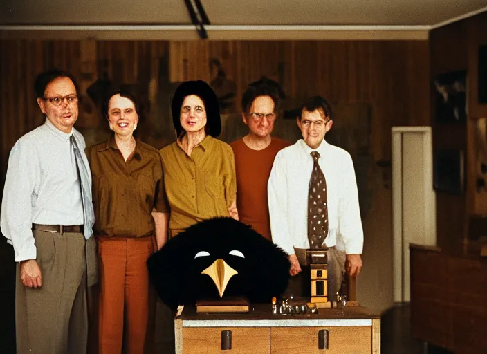 Prompt: realistic photo portrait of the family, brown mustard shirt, black tie, crow mask face, wooden polished and fancy expensive wooden laboratory hall interior with museum artifacts 1 9 9 0, life magazine reportage photo