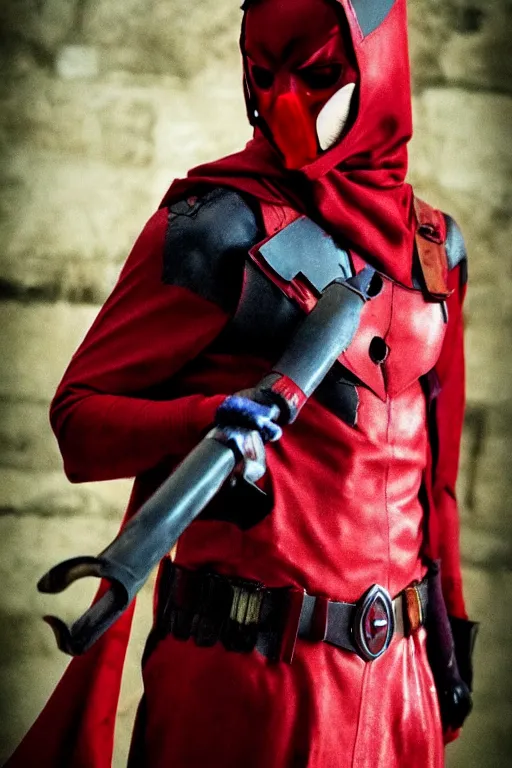 Image similar to red hood cosplay, creepy, disturbing, bloody, darkness, grainy