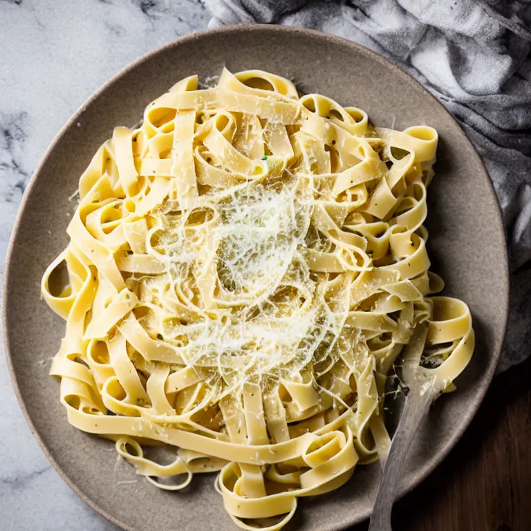 Prompt: a creamy fettuccine pasta in a parmesan cheese wheel, food photography