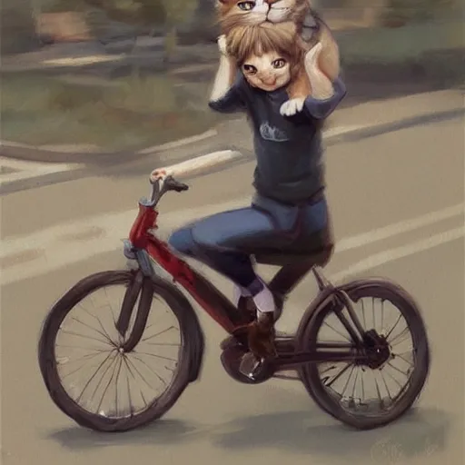 Image similar to Expressive painting of cute cat riding a bicycle, digital art by Krenz Cushart, trending on artstation
