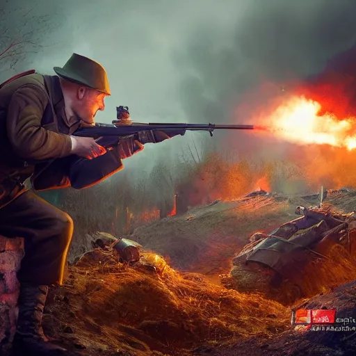 Image similar to putin vladimir fires a firearm in the trenches in the war, colorful, contrast, 3 d scene, greg rutkowski, zabrocki, karlkka, jayson devadas, trending on artstation, 8 k, ultra wide angle, zenith view, pincushion lens effect