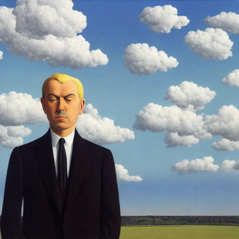 Image similar to portrait of a chrome - faced man in a suit, clouds in the background, by rene magritte, detailed painting, distance, centered, hd, hq, high resolution, high detail, 4 k, 8 k