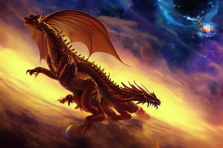 Prompt: a golden dragon the size of a planet soaring through space with nebulae in the background, digital art, fantasy artwork, extremely detailed, trending on artstation, award - winning, art from the greatest fantasy artists,