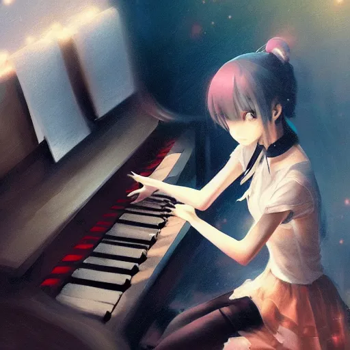 Image similar to anime girl Playing the Piano instrument , digital Art, Greg rutkowski, Trending cinematographic artstation