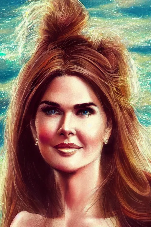 Image similar to mix of beautiful young maria shriver, mariel hemmingway, brooke shields, nicole kidman and elle macpherson as a mermaid, thin lips, hair tied up in a pony tail, brunette hair, colorful, artstation, cgsociety