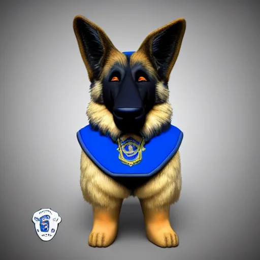 Image similar to police dog german sheperd, 3 d model, cartoony, unreal engine, 4 k, artstation, dreamworks, ultra quality, blue uniform, badge on collar, pixar, rollerkates