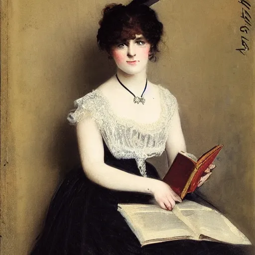 Image similar to young victorian lady in ball gown, absent - minded, holding a book, painted by alfred stevens