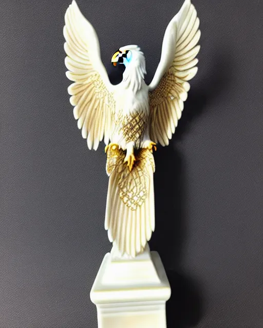 Image similar to gorgeous ornated snow white porcelain realistic detailed sacred bald eagle statue with golden filigree carved out of ivory, high resolution photo, crisp