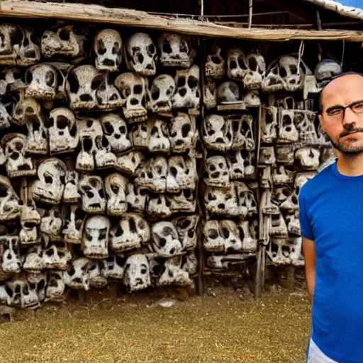 Prompt: a man standing in front of a hut made of skulls, photo, detailed, 4k