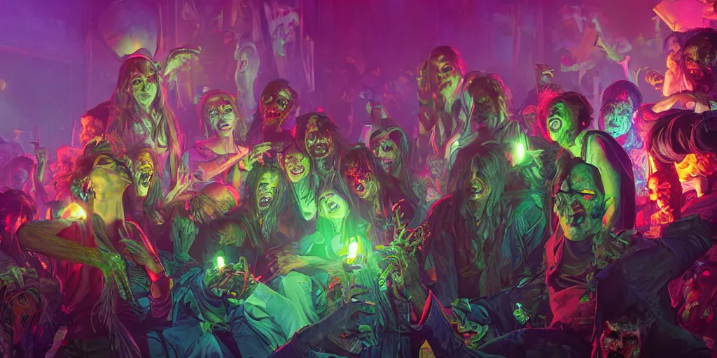 Image similar to a zombie disco party, vivid colors, extremely detailed digital painting, mystical colors, rim light, beautiful lighting, 8 k, stunning scene, raytracing, octane, trending on artstation, art by artgerm and greg rutkowski and alphonse mucha and loish and wlop