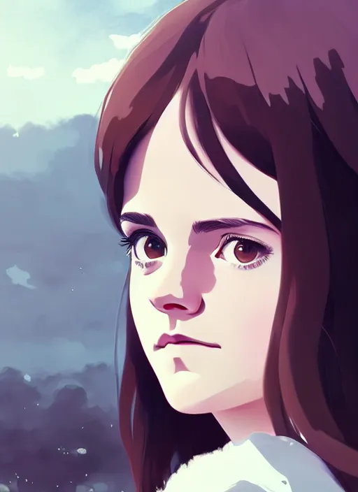 Image similar to portrait of a emma watson by ilya kuvshinov, cloudy sky background lush landscape illustration concept art anime key visual trending pixiv fanbox by wlop and greg rutkowski and makoto shinkai and studio ghibli