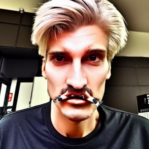 Image similar to a closeup photo of handsome gigachad xqc smoking