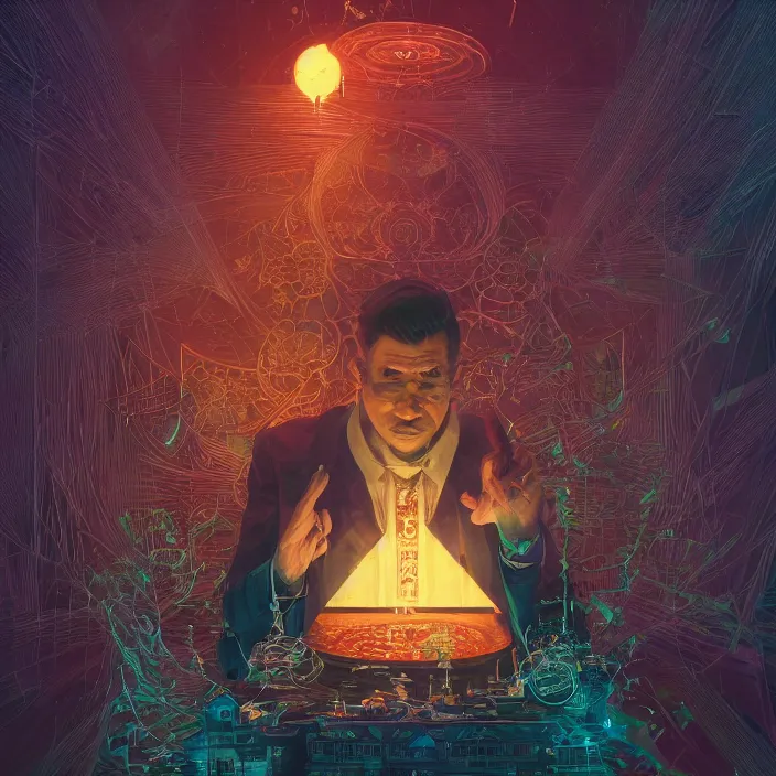 Prompt: tarot card of the mayor. Mayor tarot card. Sharp and clear. intricate abstract. intricate artwork. by Tooth Wu, wlop, beeple, dan mumford. octane render, trending on artstation, greg rutkowski very coherent symmetrical artwork. cinematic, hyper realism, high detail, octane render, 8k, iridescent accents
