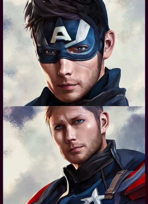 Image similar to an anime portrait of jensen ackles as a beautiful man wearing a captain america costume from skyrim, by stanley artgerm lau, wlop, rossdraws, james jean, andrei riabovitchev, marc simonetti, and sakimichan, trending on artstation