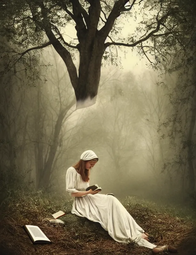 Image similar to beautiful peasant Girl in long white dress reading a book sitting on a tree in a foggy forest, Cinematic focus, Polaroid photo, vintage, neutral colors, soft lights, by Steve Hanks, by Serov Valentin, by lisa yuskavage, by Andrei Tarkovsky 8k render, detailed, oil on canvas