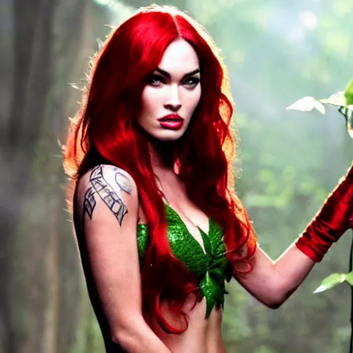 Prompt: stunning awe inspiring megan fox as poison ivy, movie still 8 k hdr atmospheric lighting