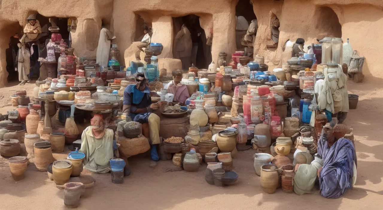 Image similar to A desert shopkeeper selling canteens