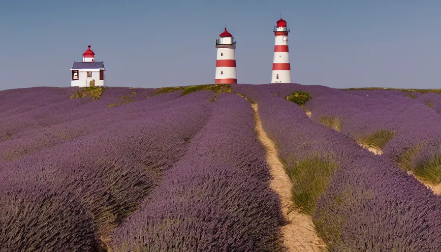 Prompt: wide screenshot, ultrawide, wes anderson film still, lighthouse on a beach near a lavender field