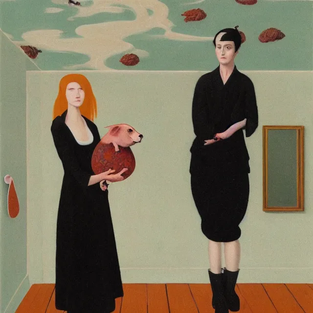 Image similar to tall female emo artist holding a pig in her flooded bathroom, water gushing from ceiling, painting of flood waters inside an artist's bathroom, a river flooding indoors, pomegranates, pigs, ikebana, zen, water, octopus, river, rapids, waterfall, black swans, canoe, berries, acrylic on canvas, surrealist, by magritte and monet