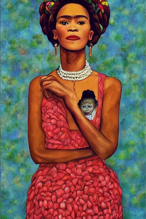 Image similar to Whitney Houston in Frida Kahlo painting style