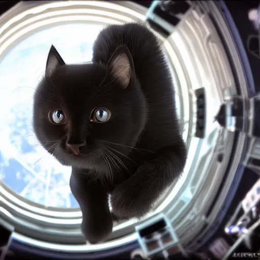 Image similar to black kitten inside international space station, artstationhd, cinema 4 d, cgsociety, octane render, trending on artstation, unreal engine, detailed fur