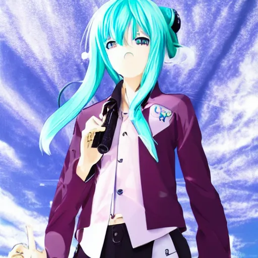 Prompt: hatsune miku smoking a vape pen in her right hand and holding up a peace sign in her left hand | smoke coming out of her mouth,
