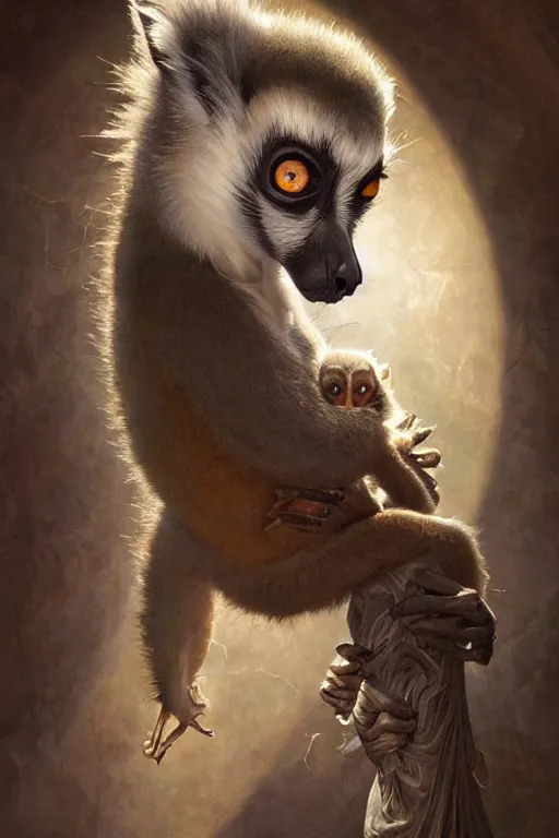 Image similar to lemur inventor, physically accurate, moody dynamic lighting, very very intricate, very very elegant, highly detailed, digital painting, artstation, HR GIGER, Hieronymus Bosch, Francis Bacon, concept art, smooth, very beautiful, sharp focus, illustration, art by artgerm and greg rutkowski and alphonse mucha